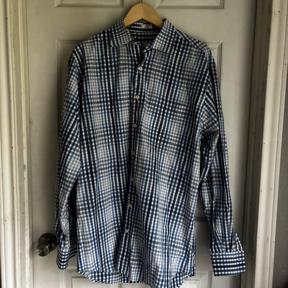 Peter Millar Mens Large Gingham‎ Check Long Sleeve Button Down Shirt Cotton Blue